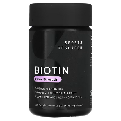 Sports Research Biotin with Organic Coconut Oil 5000mcg 120 Veggie Softgels / 120 Day Supply Healthy Skin Hair Nails