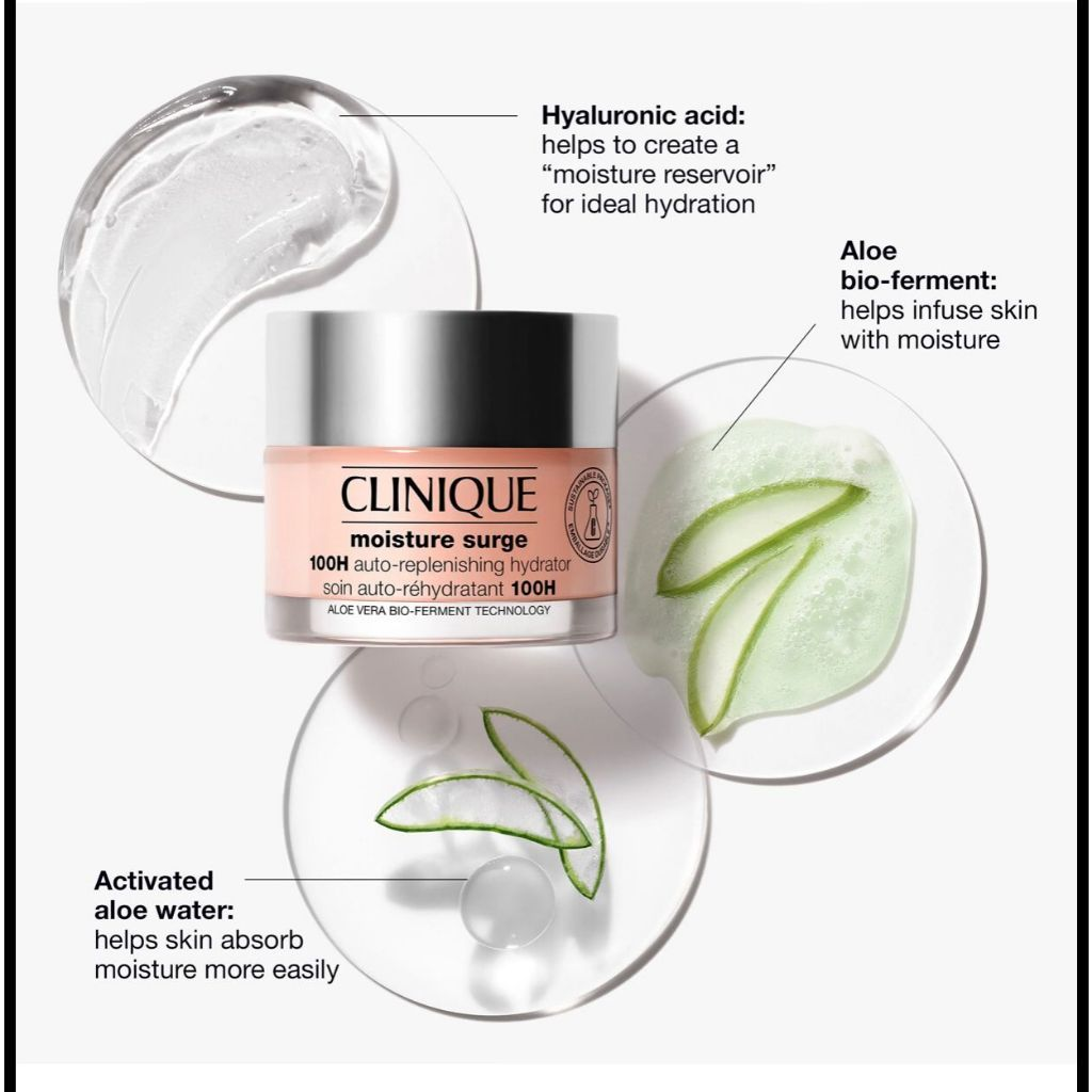 EXPIRY 2025 Clinique Moisture Surge 100H Auto Replenishing Hydrator 125ml + Clinique Moisture Surge Thirsty Skin Relief Face Spray + Clinique All About Eyes Cream - Clinique 100H Hydrator, Clinique Moisturizer, Clinique Mask