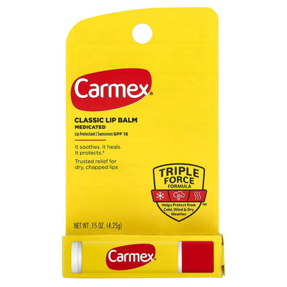 [Great For Travel] EXPIRY 2027 Carmex Classic Lip Balm Medicated SPF 15 4.25g Proctectant Soothes Heals