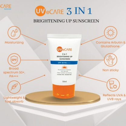 [Sun Protection and Brightening] EXPIRY 2026 UVeCARE 3-In-1 Brightening Sunscreen SPF 50 PA+++ 50ml Alcohol-Free, Paraben-Free, Fragrance-Free, Non-Greasy