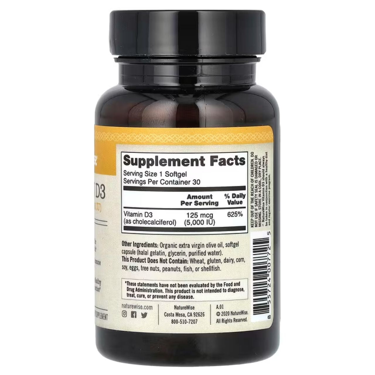 [Bone, Immunity & Muscle Health Support] EXPIRY 2026 NatureWise Vitamin D3 125 mcg (5000 IU) 30 Softgels /30 Day Supply