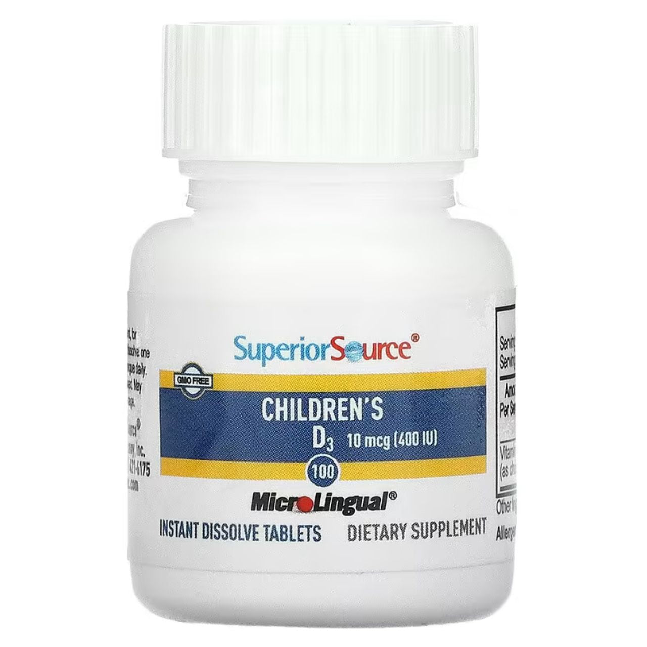 EXPIRY 2025 Superior Source Children's D3 10 mcg (400 IU) 100 MicroLingual Instant Dissolve Tablets / 100 Day Supply