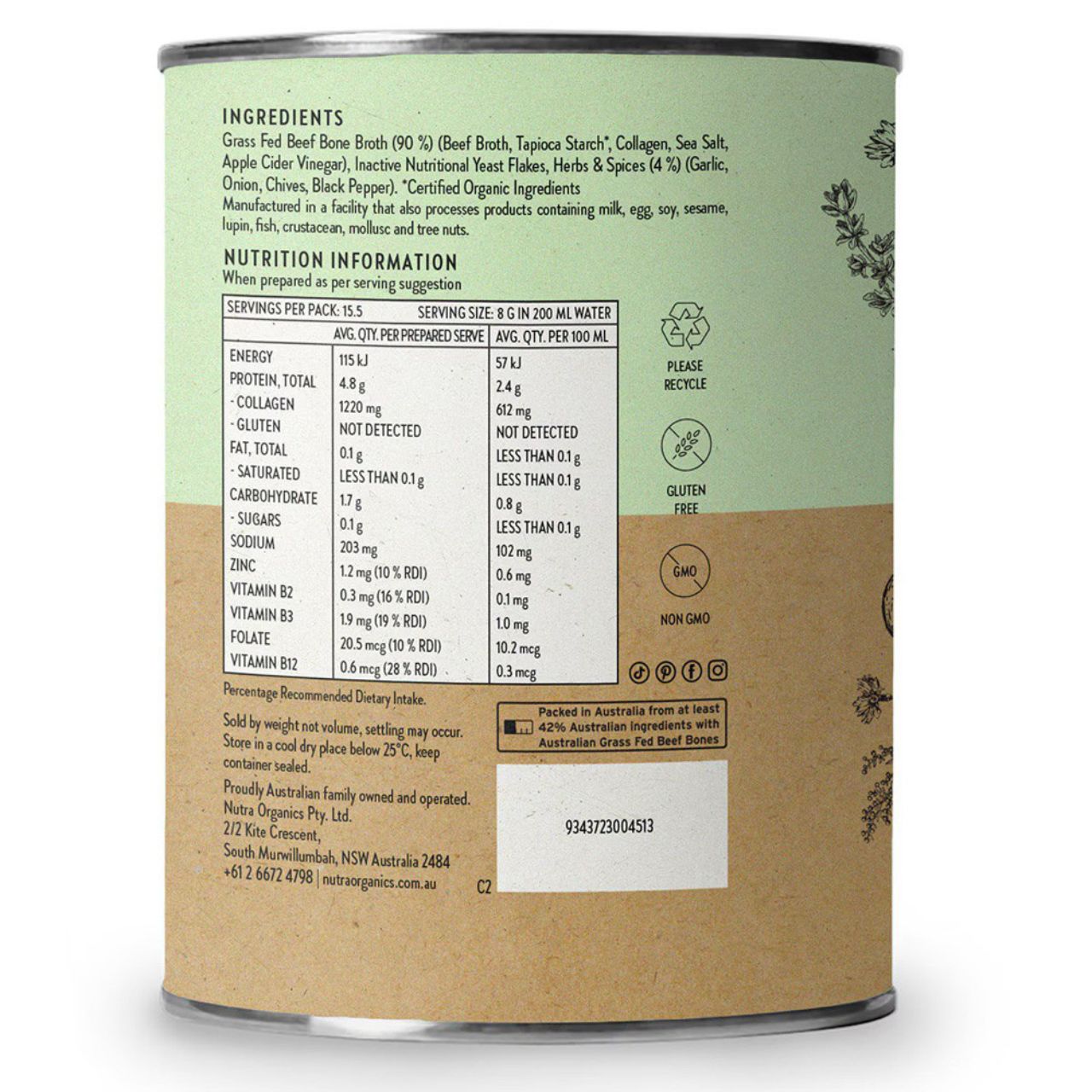 EXPIRY 2025 Nutra Organics Beef Bone Broth 125g (15 Servings) Hearty Original Flavour / Garden Herb Flavour Immune Gut